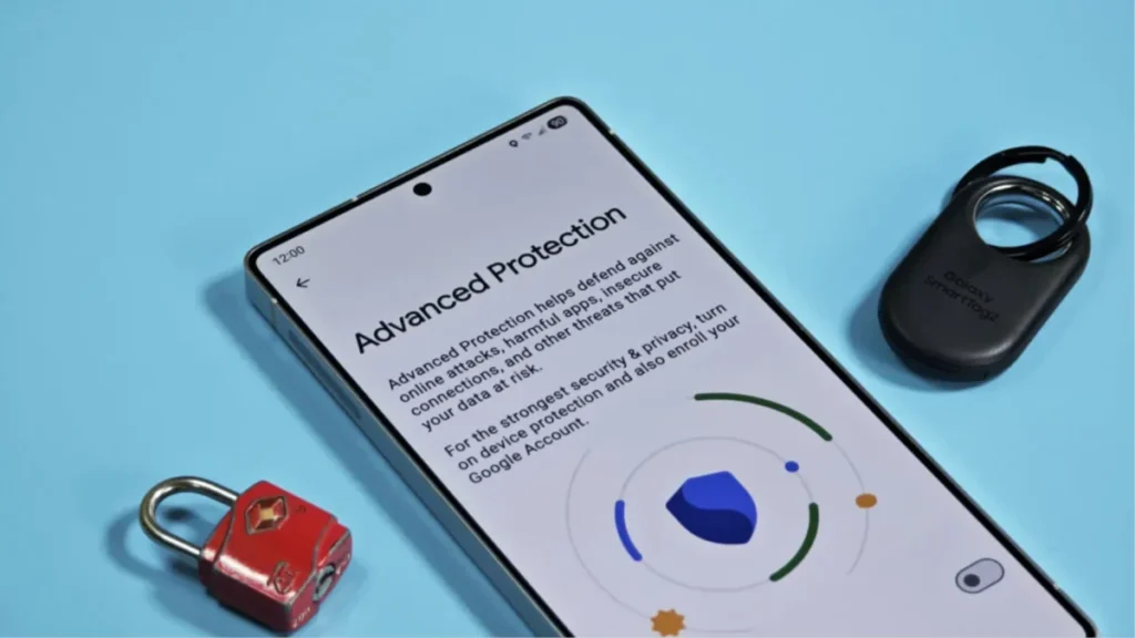 Icono de candado digital sobre un circuito electrónico en un teléfono Android.