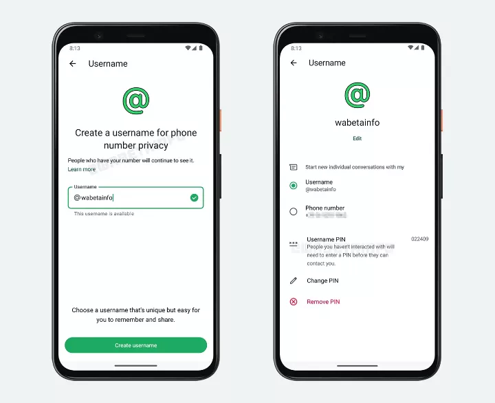 Pantalla de ajustes de WhatsApp mostrando la opción para escribir un nombre de usuario con el símbolo arroba.