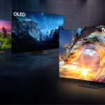 comparativa de pantallas samsung crystal uhd qled neo qled y oled alineadas en una sala moderna