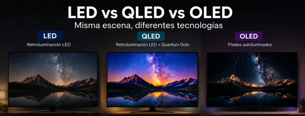 Comparativa entre televisores LED, QLED y OLED mostrando las diferencias en brillo, contraste, reproducción del color y nivel de negros utilizando la misma escena.