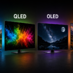 Comparativa de televisores LED, QLED, OLED y Mini LED con cuatro pantallas modernas mostrando sus diferencias visuales y tecnologías de imagen en 2026.