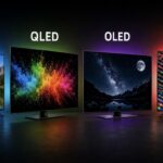 Comparativa de televisores LED, QLED, OLED y Mini LED con cuatro pantallas modernas mostrando sus diferencias visuales y tecnologías de imagen en 2026.