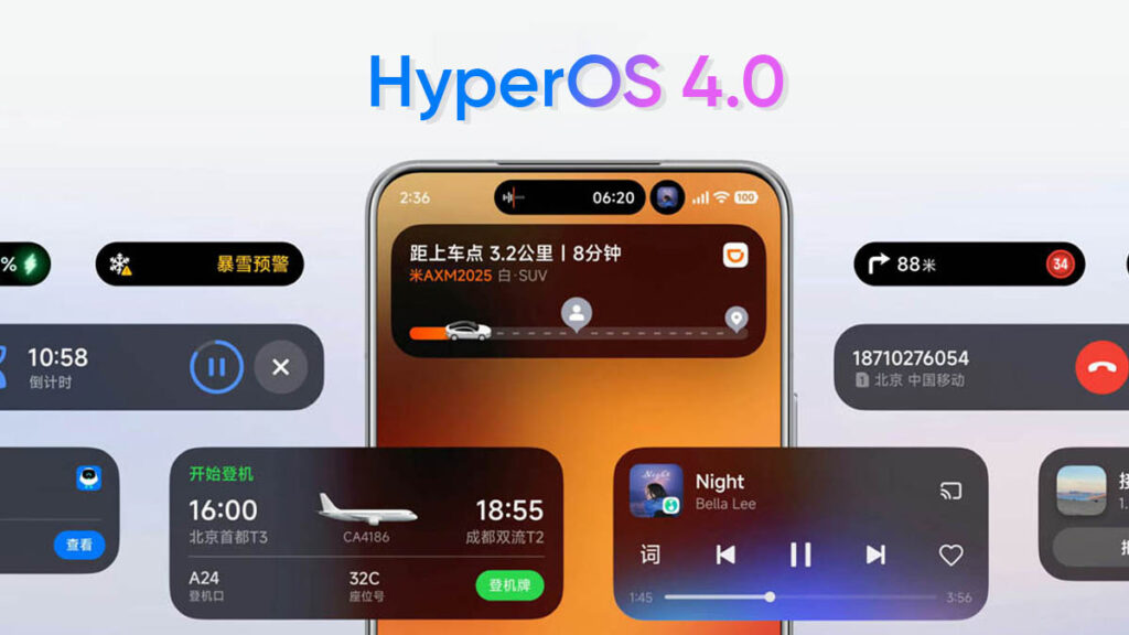 Vista previa del sistema operativo Xiaomi HyperOS 4 en la pantalla de un Redmi K90 Pro Max mostrando la Xiaomi Super Island