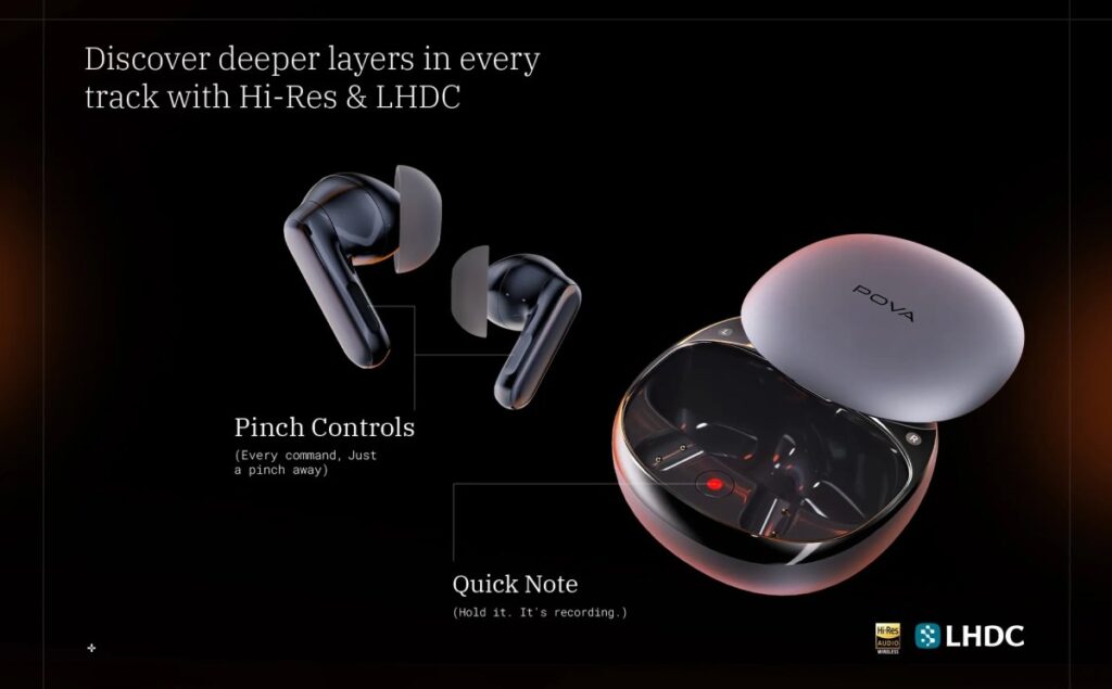 Auriculares Tecno Pova AI Buds Pro en su estuche con botón de notas rápidas y función de traducción por IA