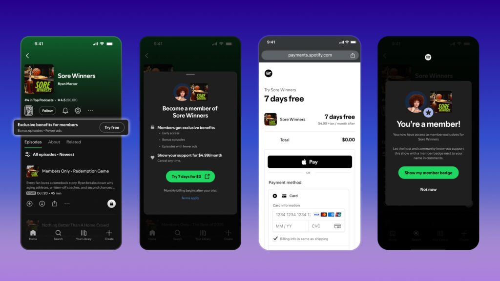 Membresías de Spotify para podcasts con contenido exclusivo para suscriptores.