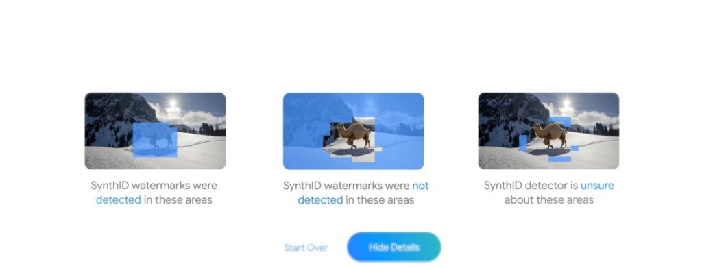 SynthID de Google DeepMind identifica marcas de agua invisibles en contenido digital.